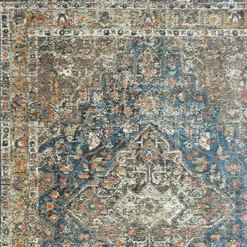 Blue and Brown Oriental Distressed Area Rug With Fringe Photo 3