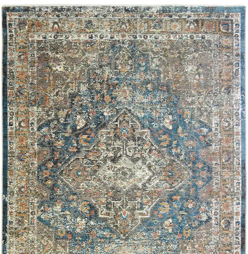 Blue and Brown Oriental Distressed Area Rug With Fringe Photo 4
