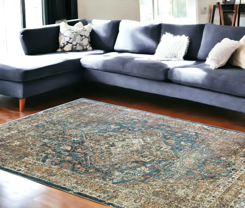 Blue and Brown Oriental Distressed Area Rug With Fringe Photo 1
