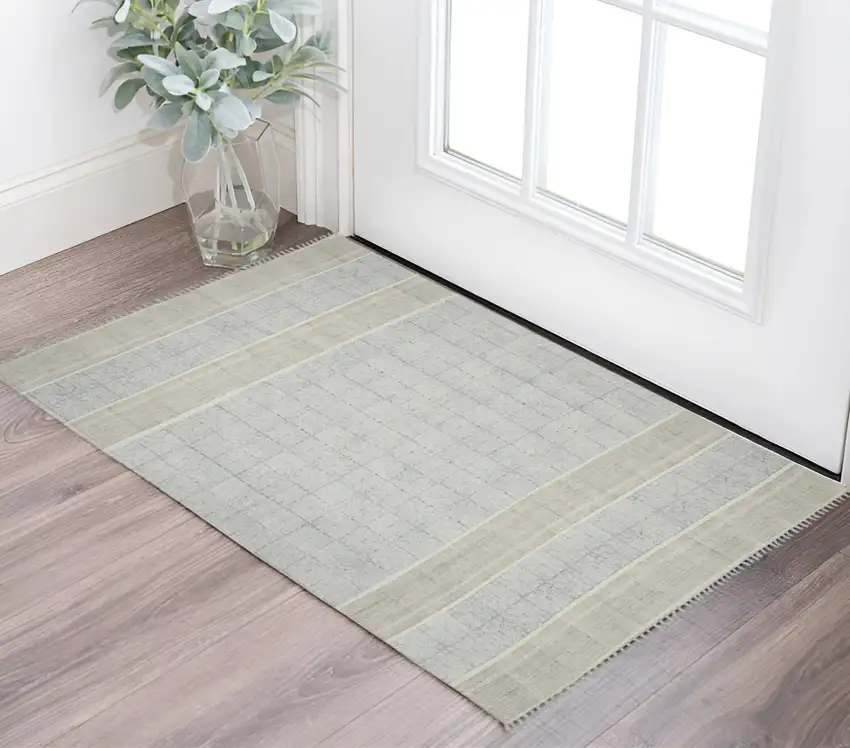 Stone Blue and Brown Oriental Flatweave Handmade Worn Faded Area Rug With Fringe Photo 1