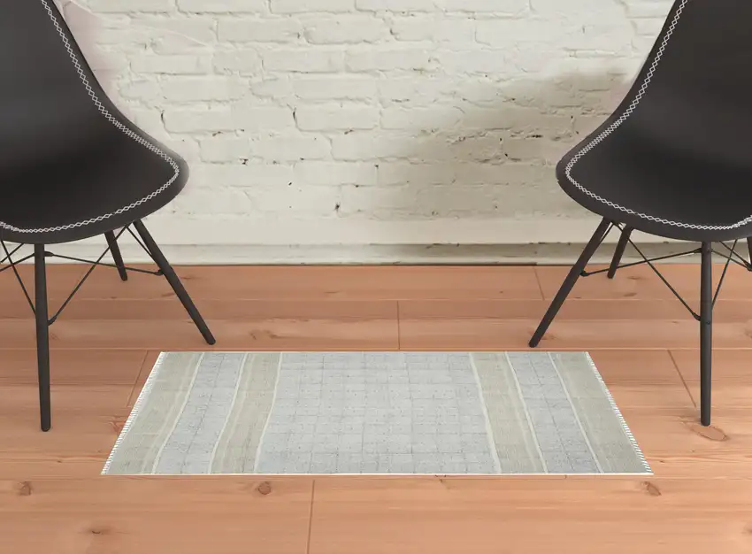 Blue and Brown Oriental Flatweave Handmade Distressed Area Rug with Fringe Photo 2