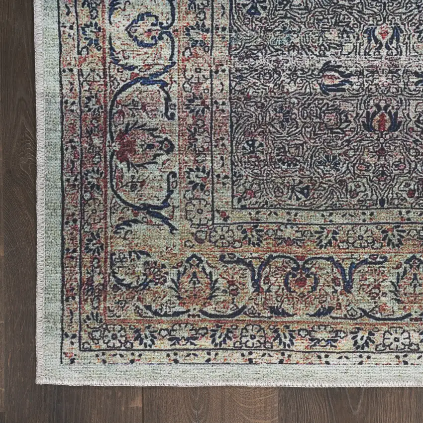 5' X 7' Blue and Brown Oriental Power Loom Distressed Washable Non Skid Area Rug Photo 6