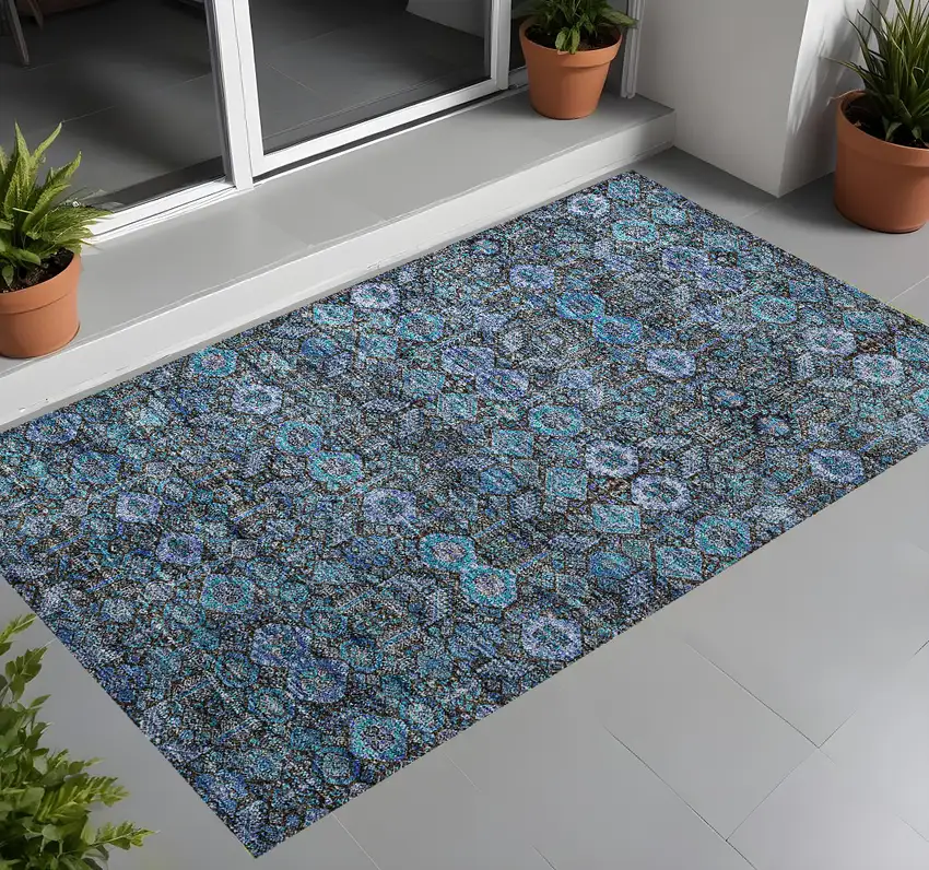 Blue and Coffee Floral Washable Non Skid Indoor Outdoor Area Rug Photo 1