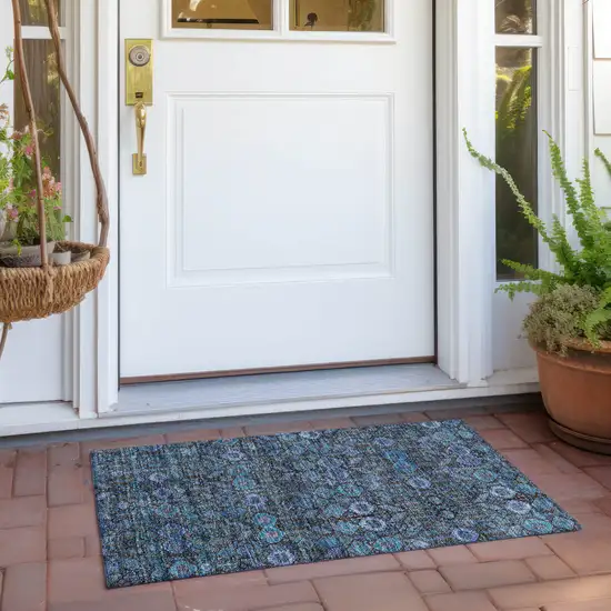 Blue and Coffee Floral Washable Non Skid Indoor Outdoor Area Rug Photo 9