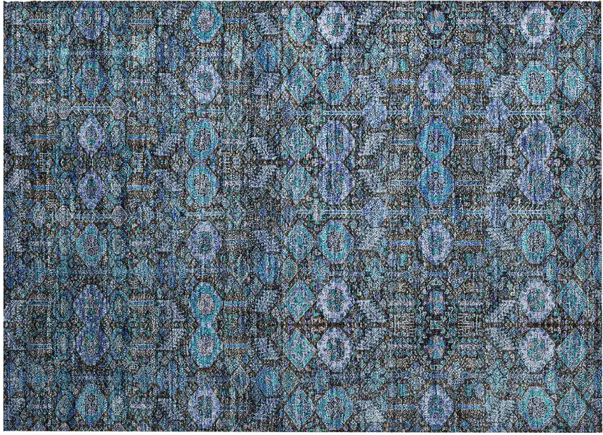 Blue and Coffee Floral Washable Non Skid Indoor Outdoor Area Rug Photo 2