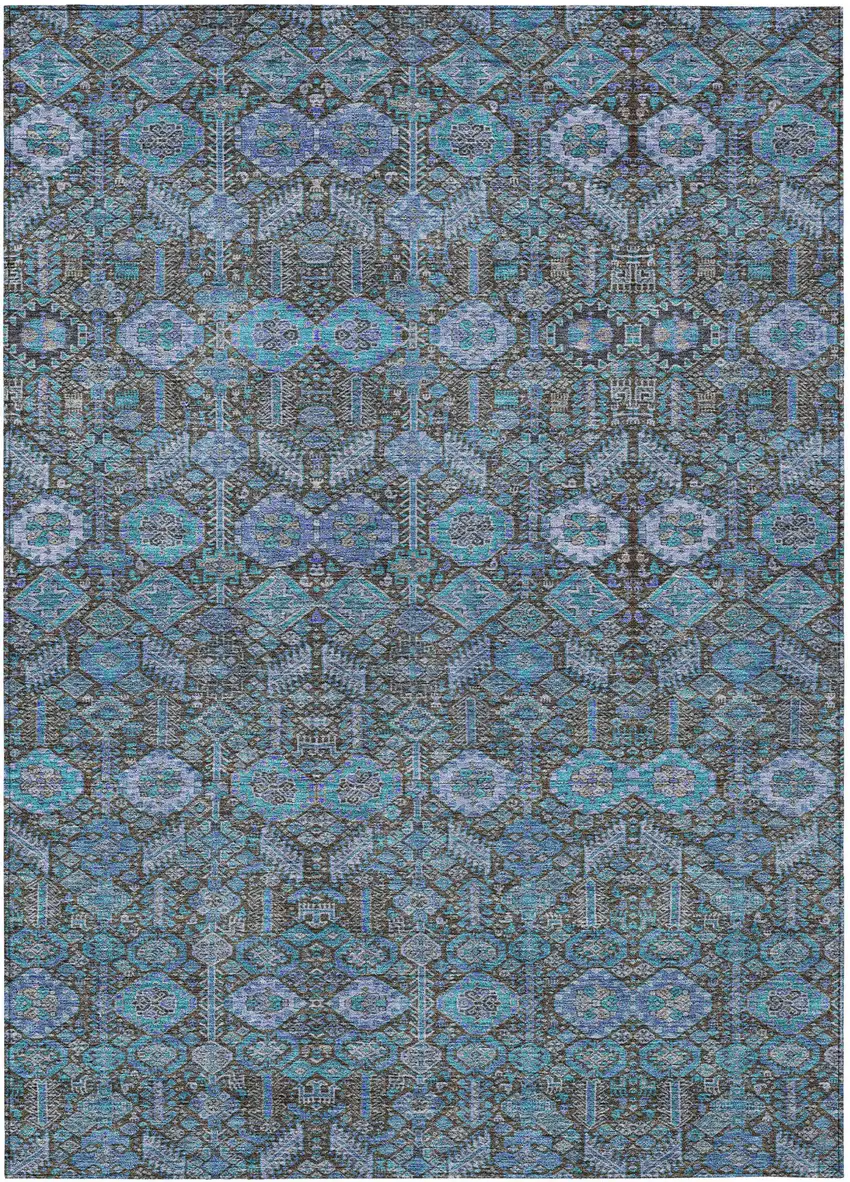 Blue and Coffee Floral Washable Non Skid Indoor Outdoor Area Rug Photo 2