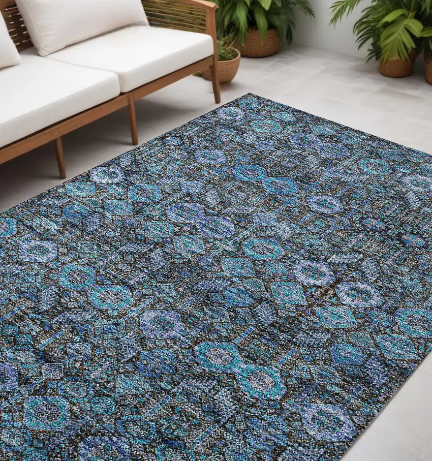 Blue and Coffee Floral Washable Non Skid Indoor Outdoor Area Rug Photo 1
