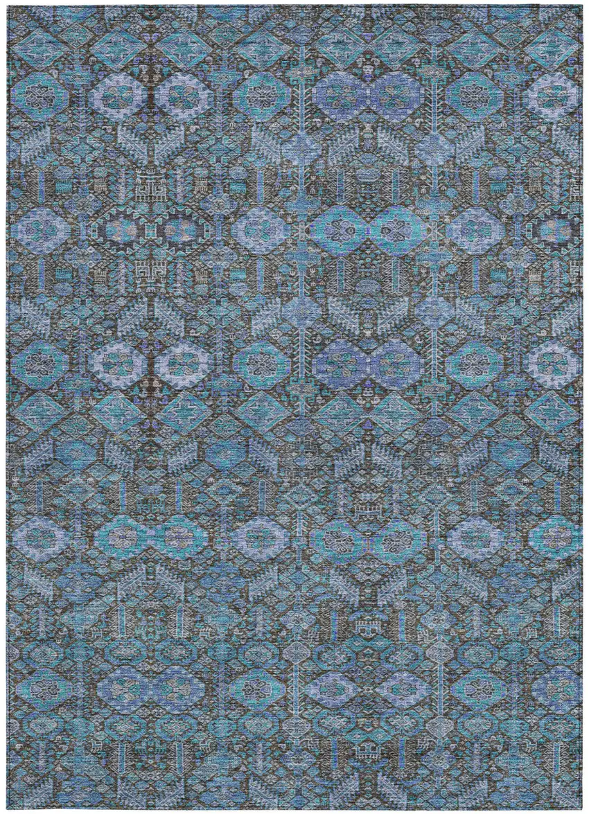 Blue and Coffee Floral Washable Non Skid Indoor Outdoor Area Rug Photo 4
