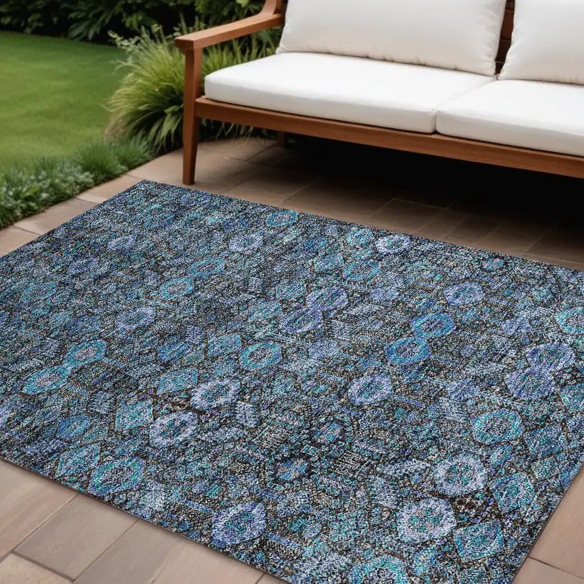 Blue and Coffee Floral Washable Non Skid Indoor Outdoor Area Rug Photo 1