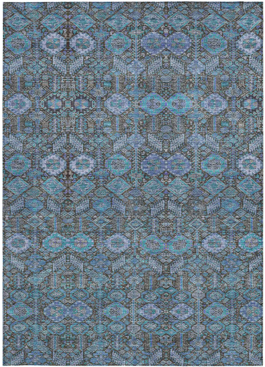 Blue and Coffee Floral Washable Non Skid Indoor Outdoor Area Rug Photo 5