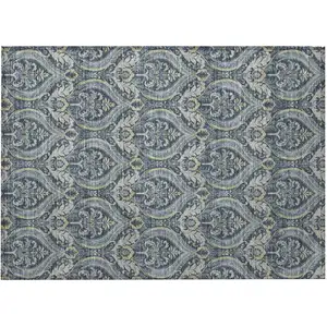 Photo of Blue and Cream Damask Washable Non Skid Indoor Outdoor Area Rug