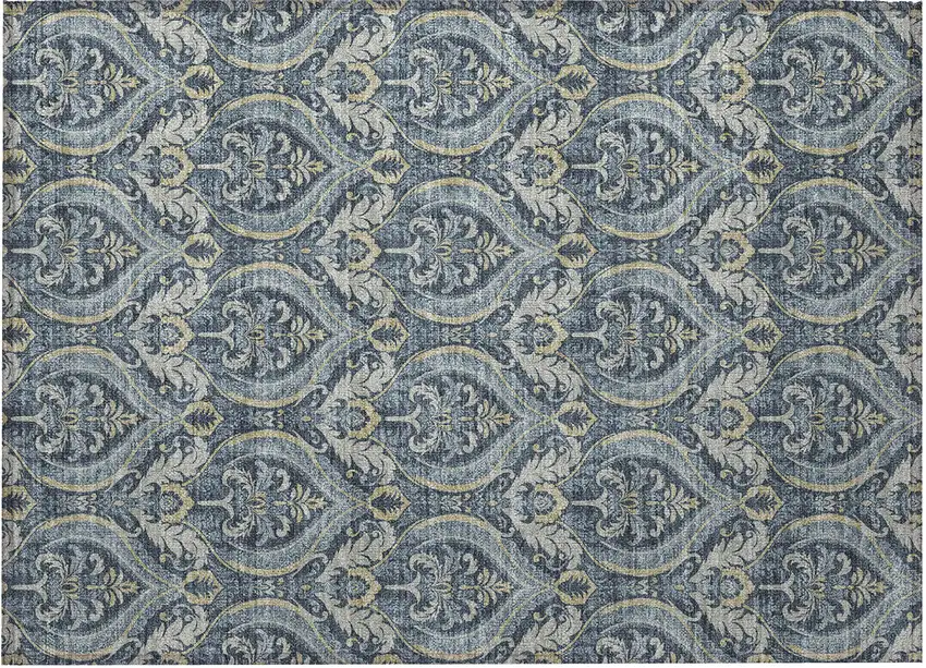 Blue and Cream Damask Washable Non Skid Indoor Outdoor Area Rug Photo 4