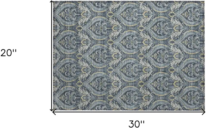 Blue and Cream Damask Washable Non Skid Indoor Outdoor Area Rug Photo 3