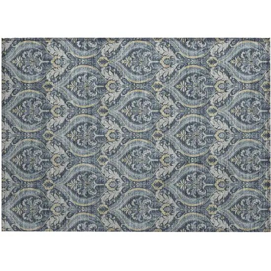 Blue and Cream Damask Washable Non Skid Indoor Outdoor Area Rug Photo 2