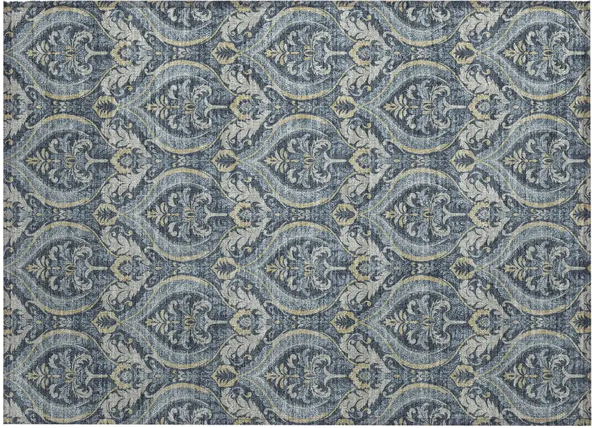 Blue and Cream Damask Washable Non Skid Indoor Outdoor Area Rug Photo 2