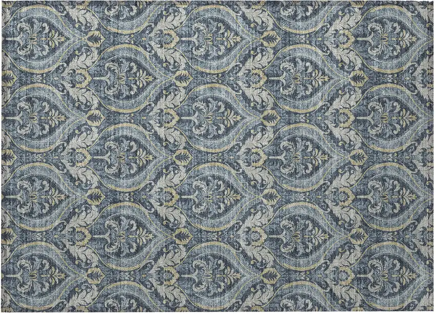 Blue and Cream Damask Washable Non Skid Indoor Outdoor Area Rug Photo 5