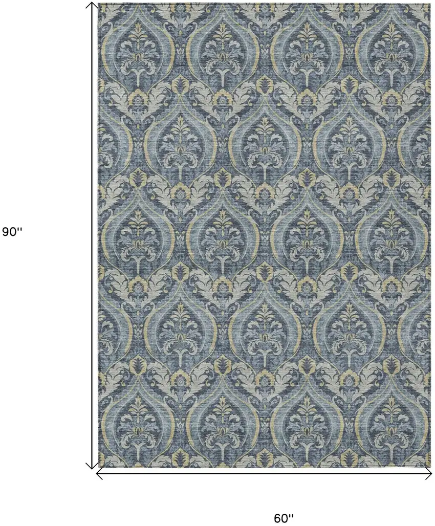 Blue and Cream Damask Washable Non Skid Indoor Outdoor Area Rug Photo 3