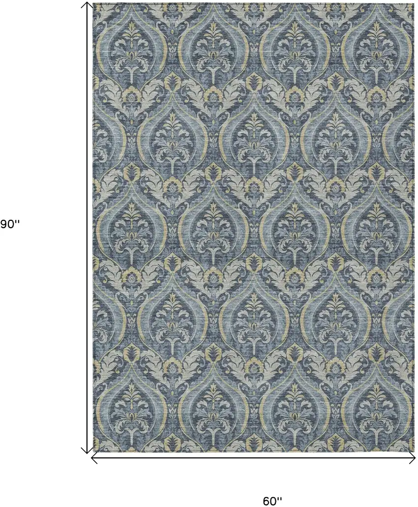 Blue and Cream Damask Washable Non Skid Indoor Outdoor Area Rug Photo 3