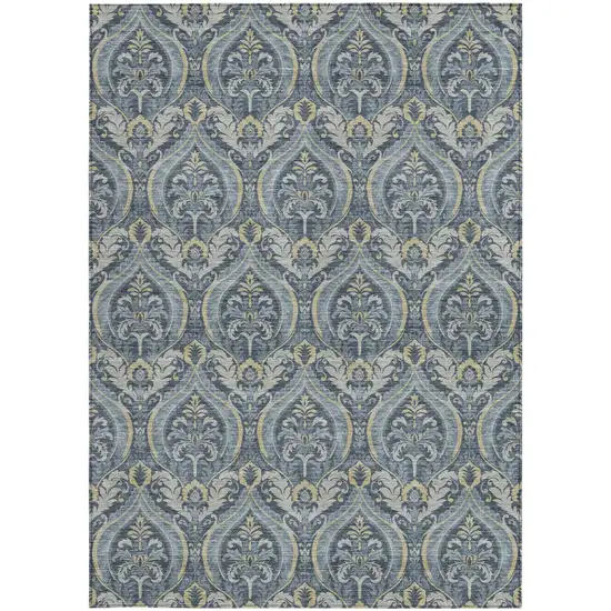 Blue and Cream Damask Washable Non Skid Indoor Outdoor Area Rug Photo 4