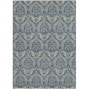 Photo of Blue and Cream Damask Washable Non Skid Indoor Outdoor Area Rug