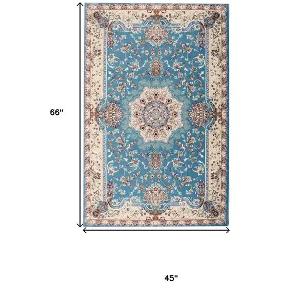 Blue and Ivory Oriental Power Loom Area Rug Photo 3