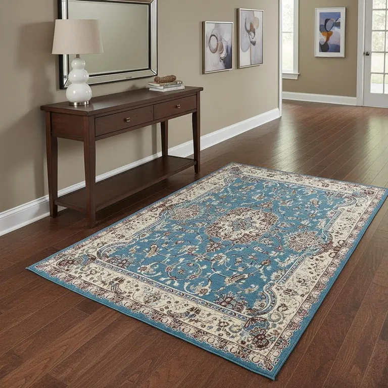 Blue and Cream Embellished Area Rug Photo 2