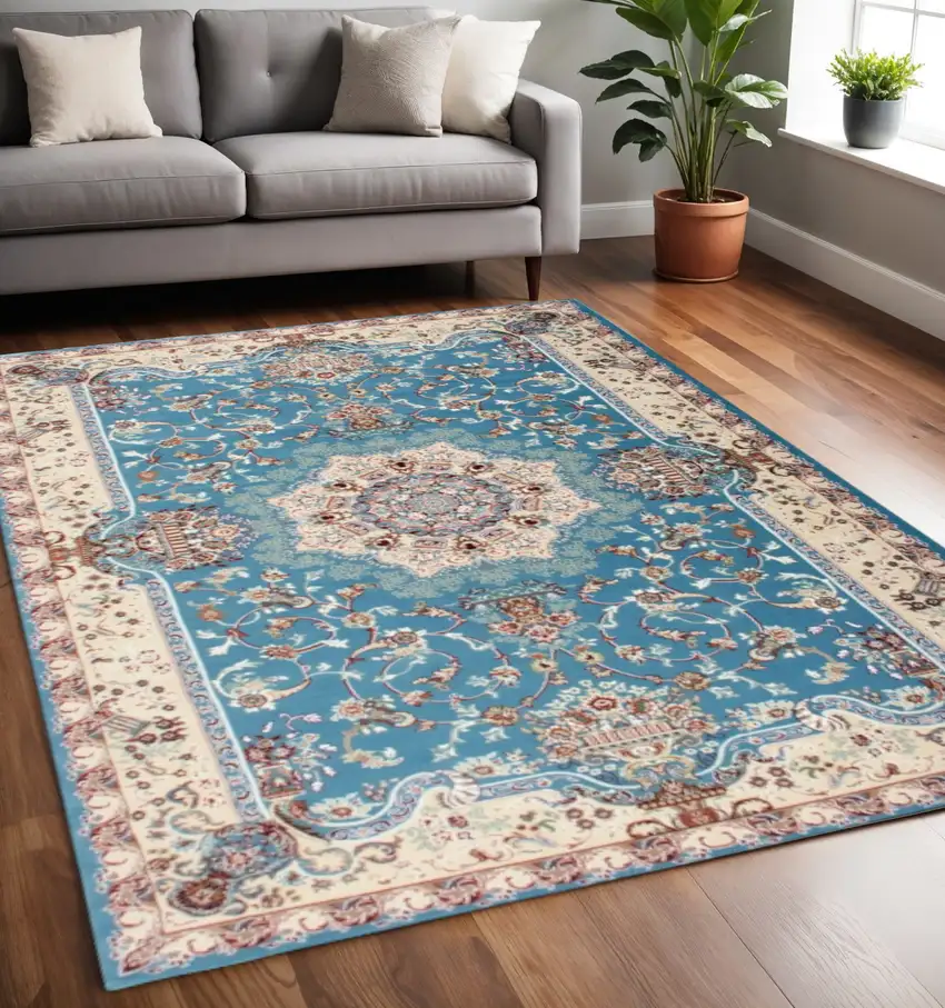 Blue and Ivory Oriental Power Loom Area Rug Photo 1