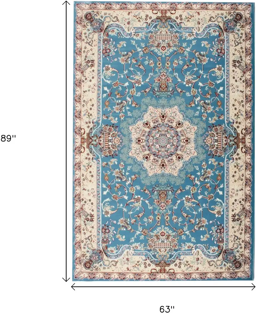 Blue and Ivory Oriental Power Loom Area Rug Photo 7