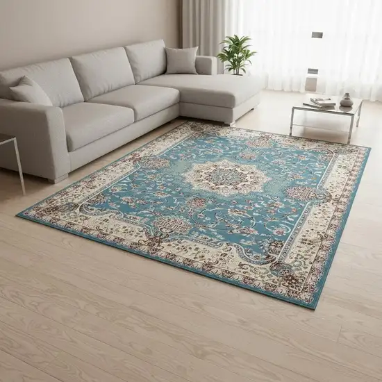 Blue and Ivory Oriental Power Loom Area Rug Photo 1