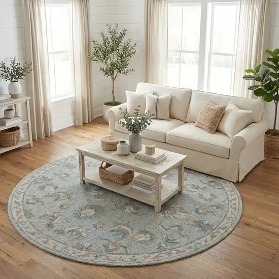 5' Blue And Ivory Round Wool Hand Tufted Area Rug Photo 6