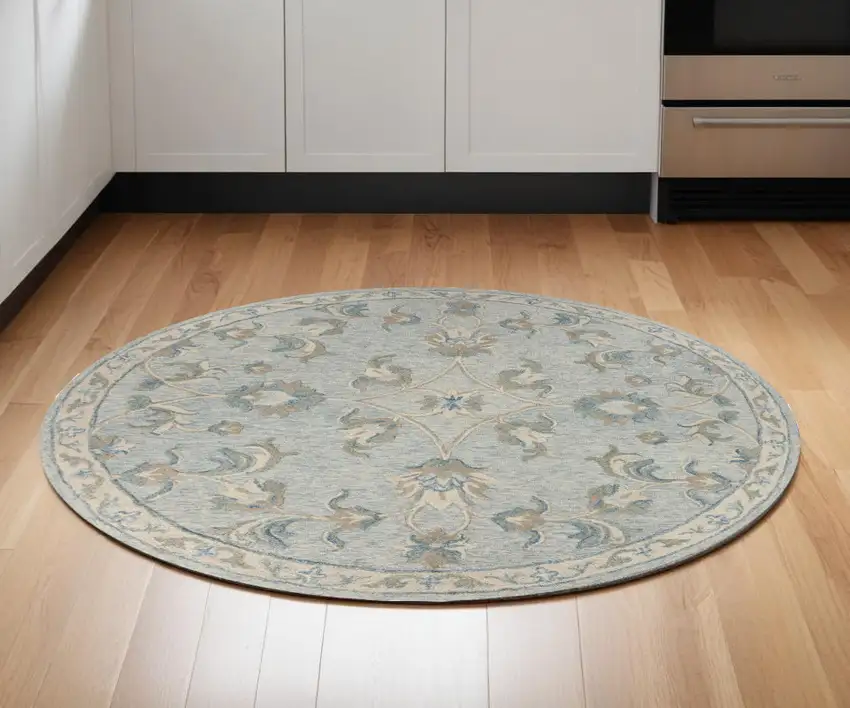 5' Blue And Ivory Round Wool Hand Tufted Area Rug Photo 1