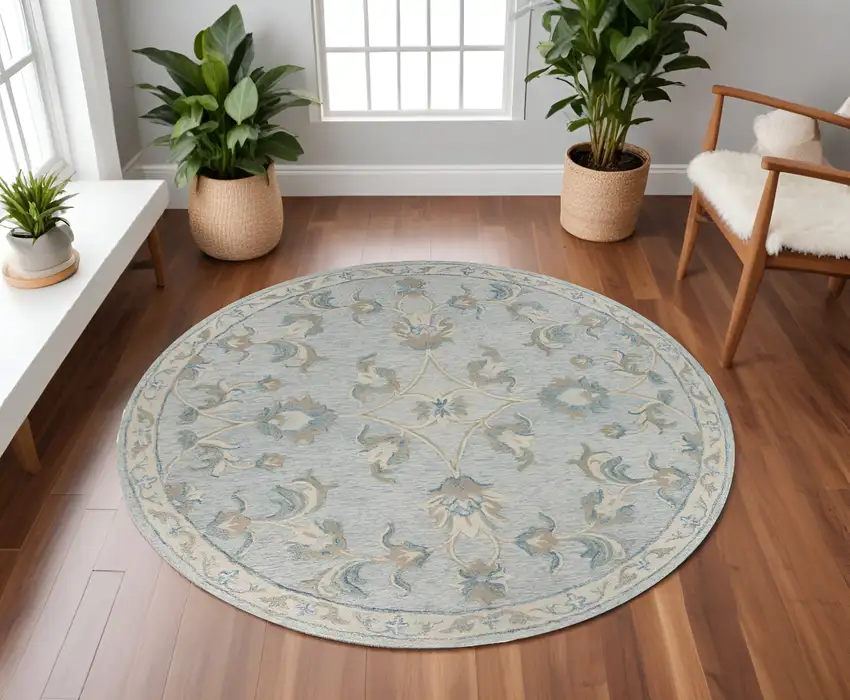 7' Blue And Ivory Round Wool Hand Tufted Area Rug Photo 1