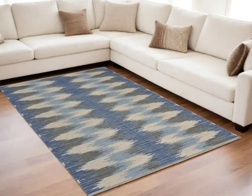 Blue and Cream Ikat Pattern Area Rug Photo 2