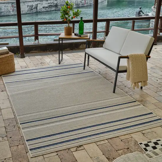 Blue and Cream Striped Distressed Indoor Outdoor Area Rug Photo 9
