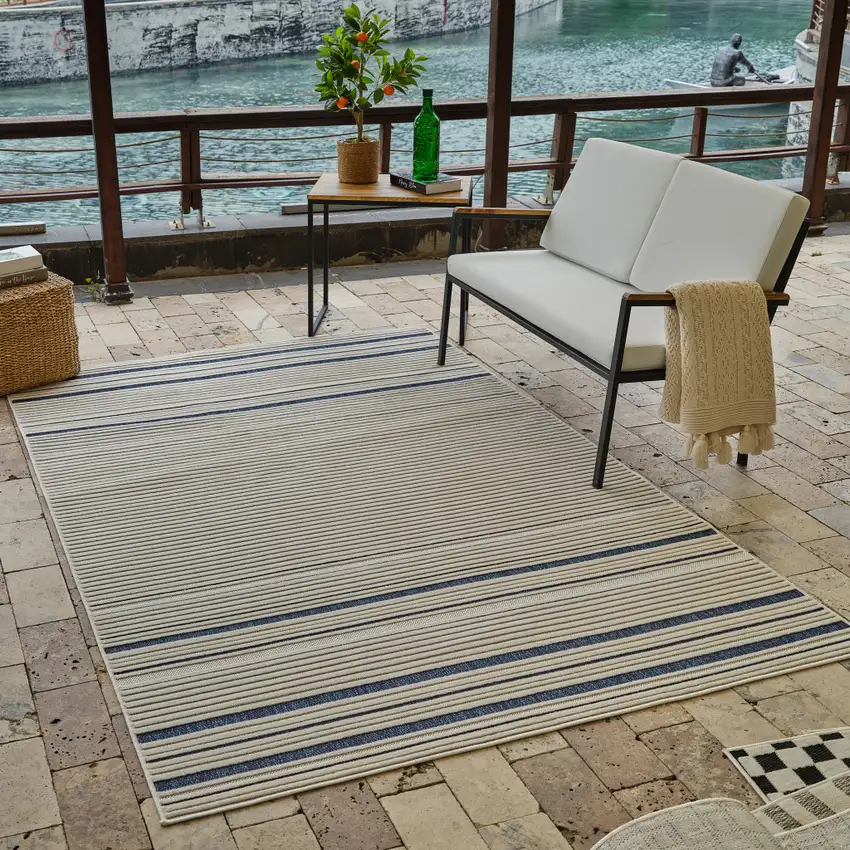 Blue and Cream Striped Distressed Indoor Outdoor Area Rug Photo 9