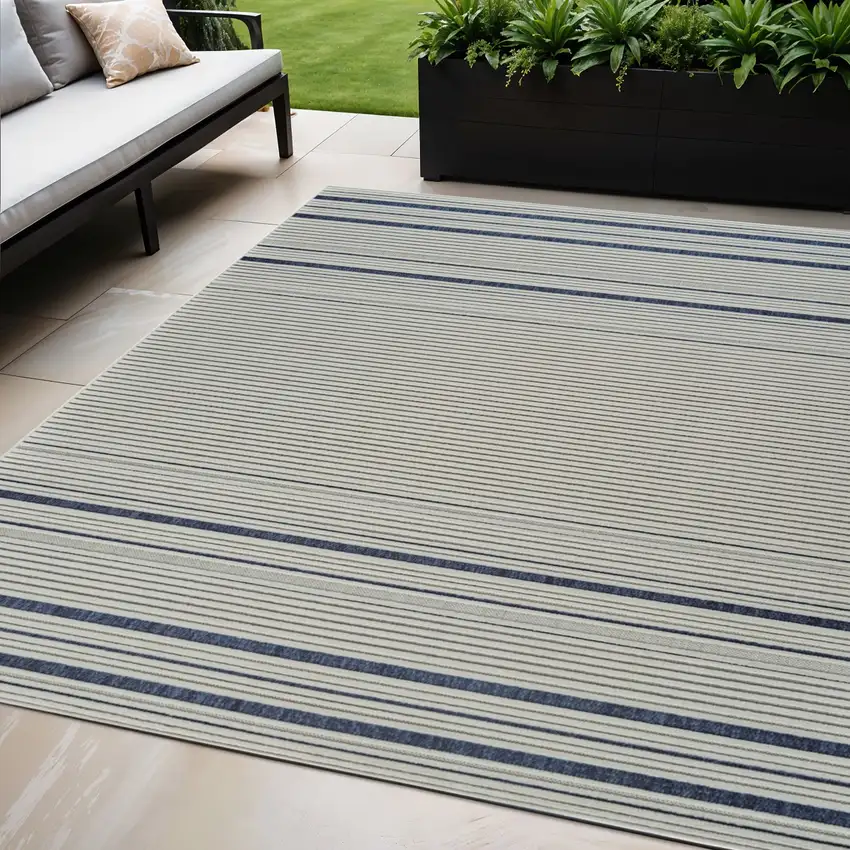 Blue and Cream Striped Distressed Indoor Outdoor Area Rug Photo 1