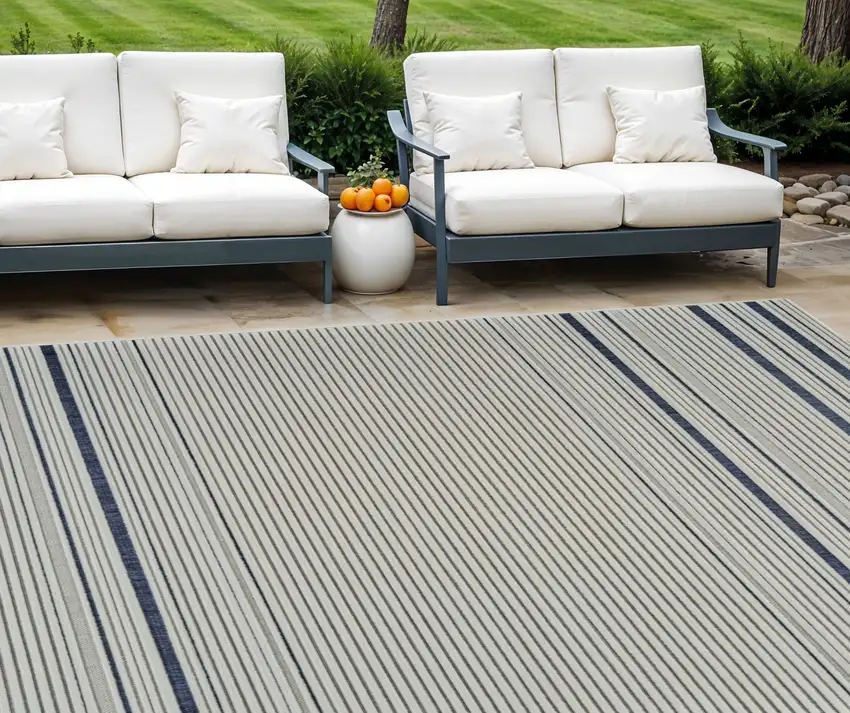 Blue and Cream Striped Distressed Indoor Outdoor Area Rug Photo 1