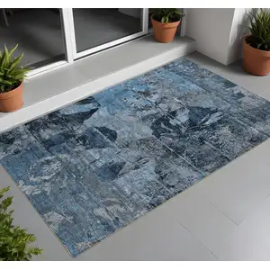 Photo of Blue and Dark Blue Floral Washable Non Skid Indoor Outdoor Area Rug
