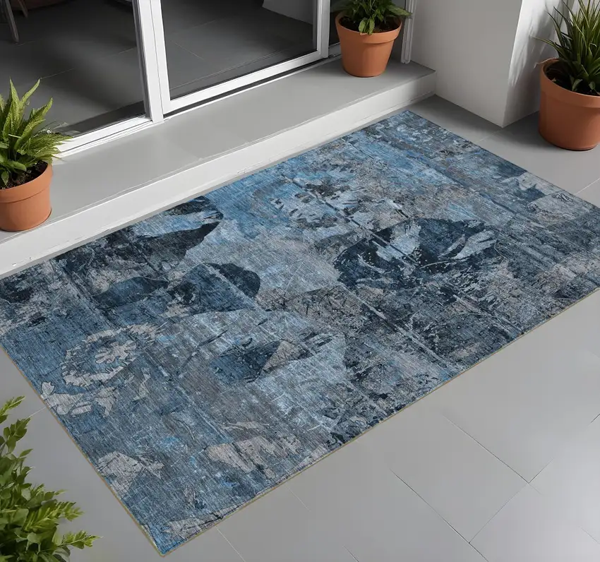 Blue and Dark Blue Abstract Washable Indoor Outdoor Area Rug Photo 1