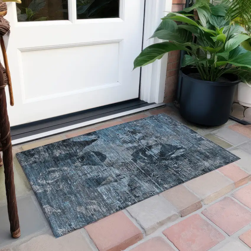 Blue and Dark Blue Abstract Washable Indoor Outdoor Area Rug Photo 8