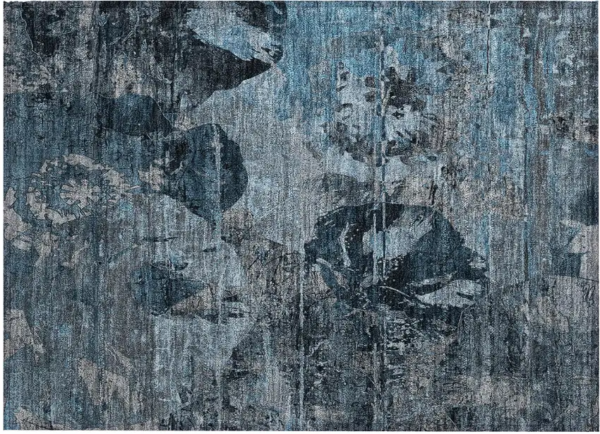 Blue and Dark Blue Floral Washable Non Skid Indoor Outdoor Area Rug Photo 1