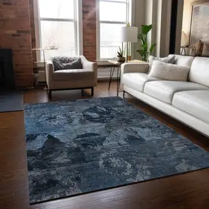 Photo of Blue and Dark Blue Floral Washable Non Skid Indoor Outdoor Area Rug