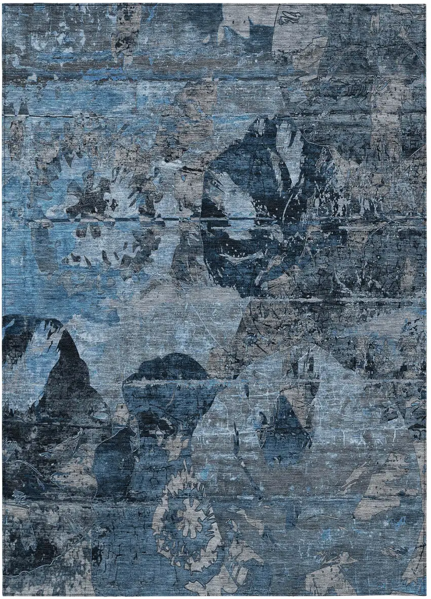 Blue and Dark Blue Floral Washable Non Skid Indoor Outdoor Area Rug Photo 2