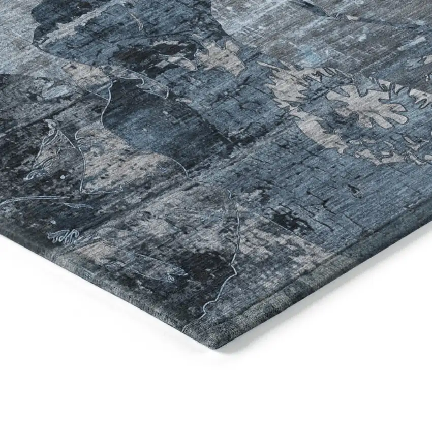 Blue And Dark Blue Floral Washable Indoor Outdoor Area Rug Photo 5