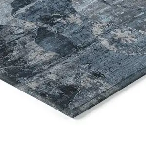 Photo of Blue and Dark Blue Floral Washable Non Skid Indoor Outdoor Area Rug