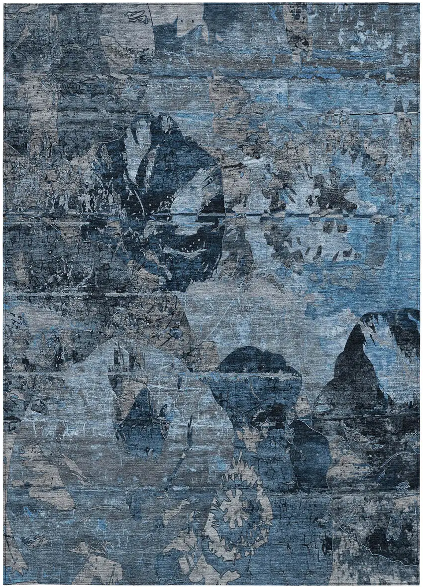 Blue and Dark Blue Floral Washable Non Skid Indoor Outdoor Area Rug Photo 5