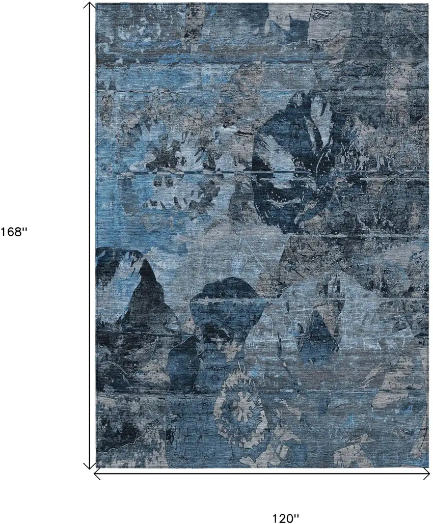 Blue and Dark Blue Floral Washable Non Skid Indoor Outdoor Area Rug Photo 3