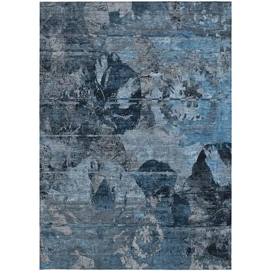 Blue and Dark Blue Floral Washable Non Skid Indoor Outdoor Area Rug Photo 5
