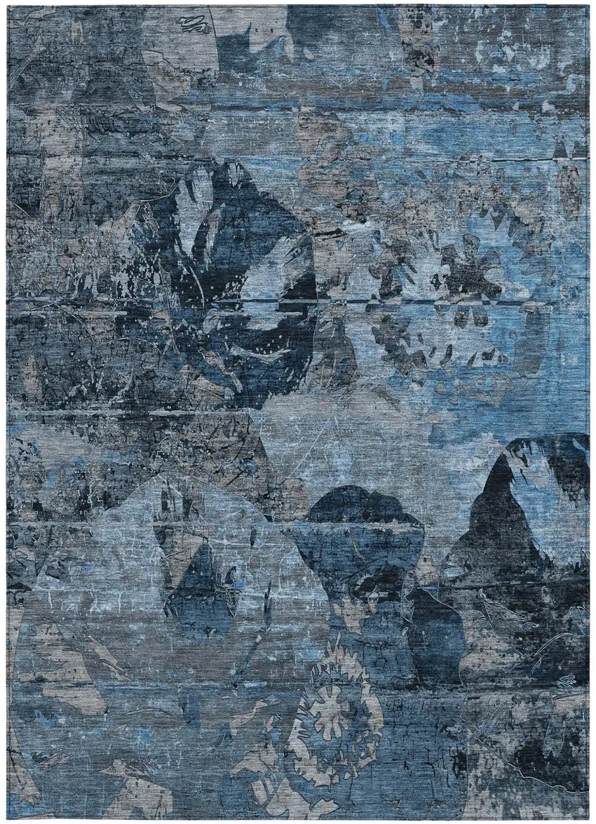Blue and Dark Blue Floral Washable Non Skid Indoor Outdoor Area Rug Photo 5