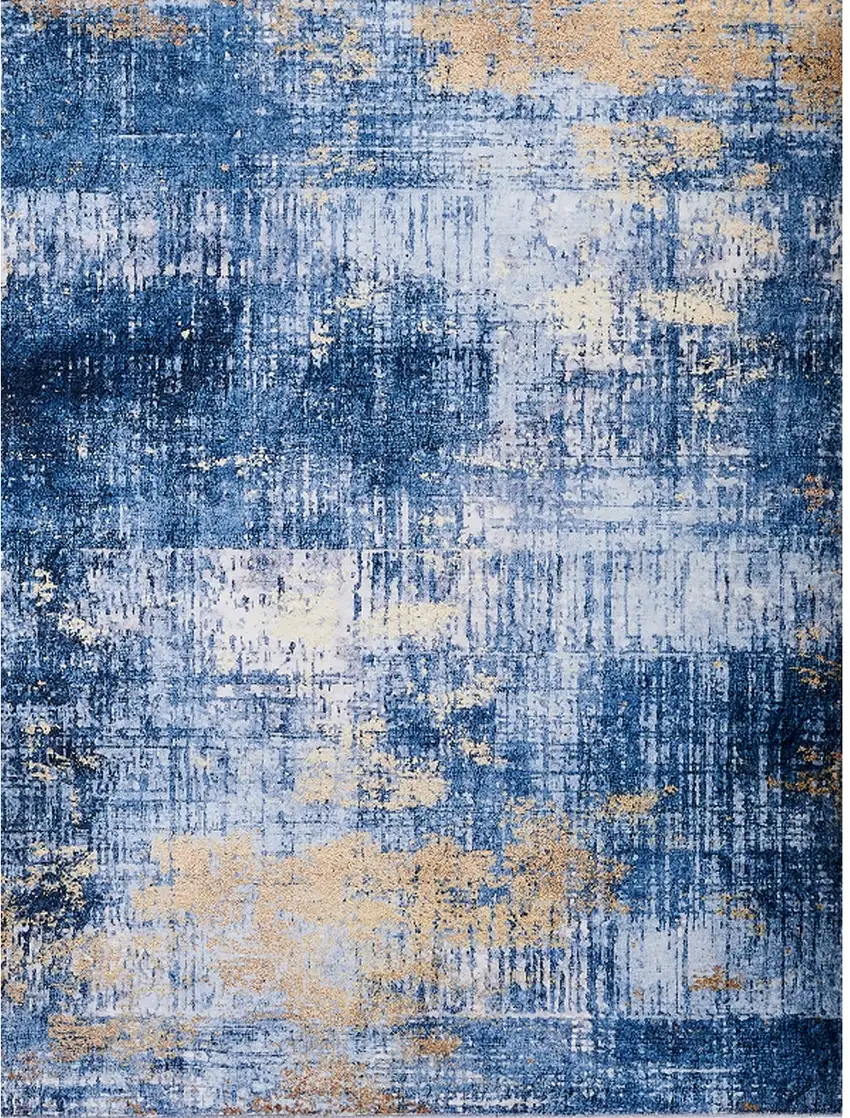 Blue and Gold Abstract Printed Washable Non Skid Area Rug Photo 2